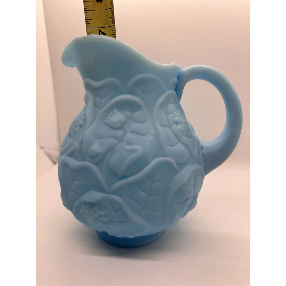 Vintage Fenton Blue‎ Satin Glass Water Lily Pattern Pitcher